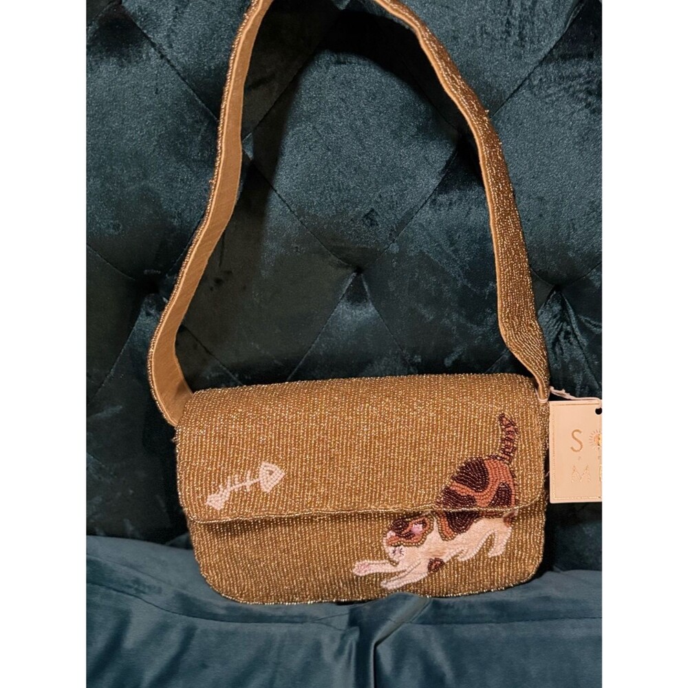 NWT Sol and Mer Beaded Cat Shoulder Bag Calico Kitten Fish Skeleton Gold